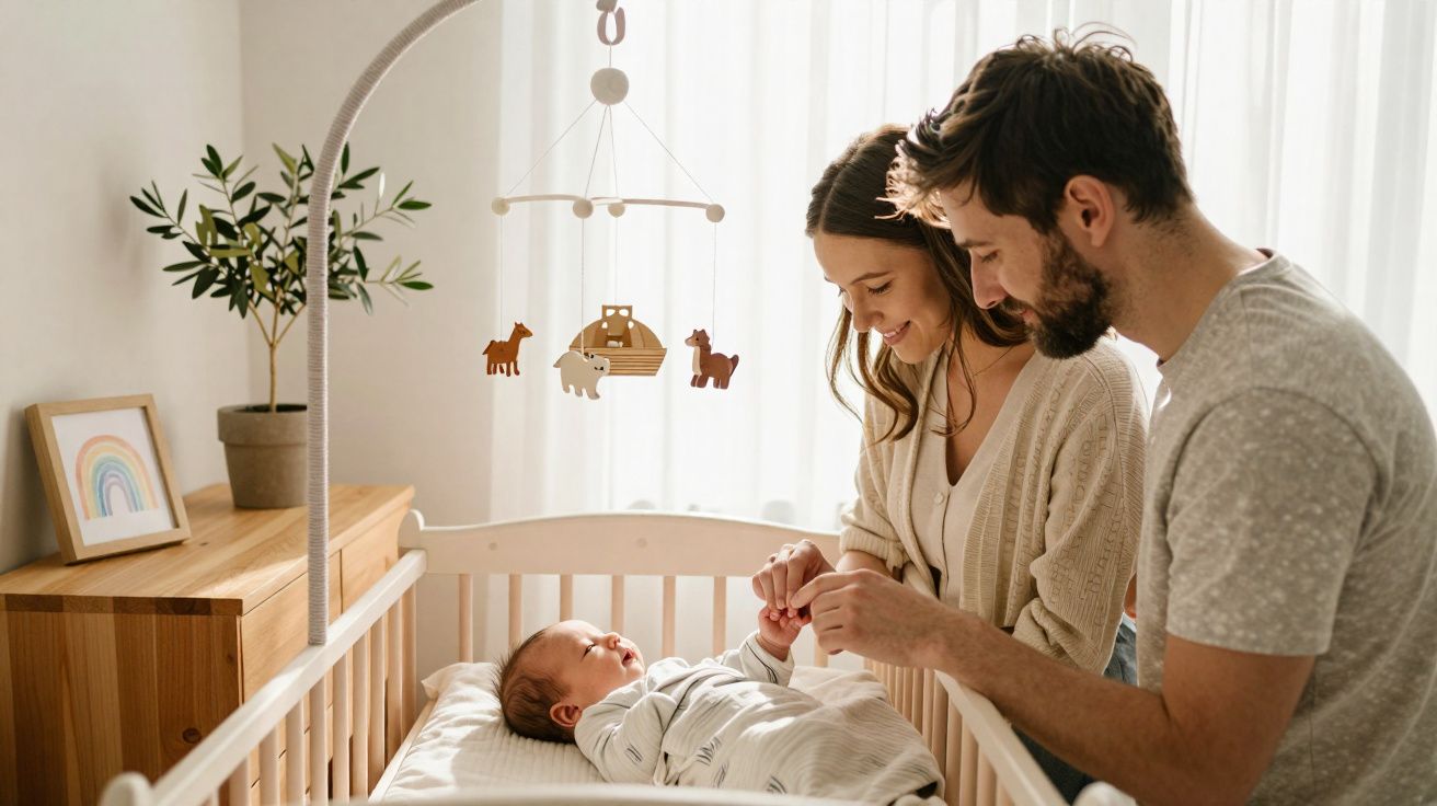Casal sorridente junto ao berço, segurando as mãos de um bebé adormecido numa decoração acolhedora.