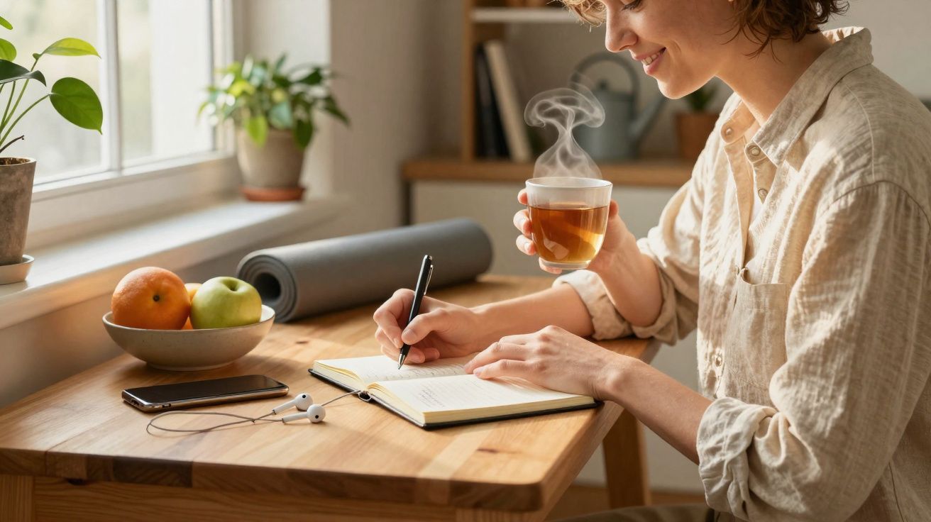 Mulher a sorrir a escrever num caderno enquanto bebe chá quente junto a uma janela com plantas e fruta.