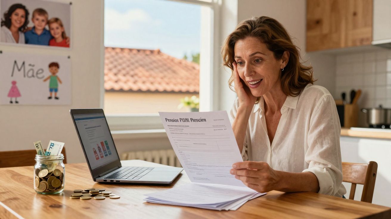 Mulher surpreendida a ler documento sentada à mesa com portátil e jarro de moedas ao lado numa cozinha iluminada.