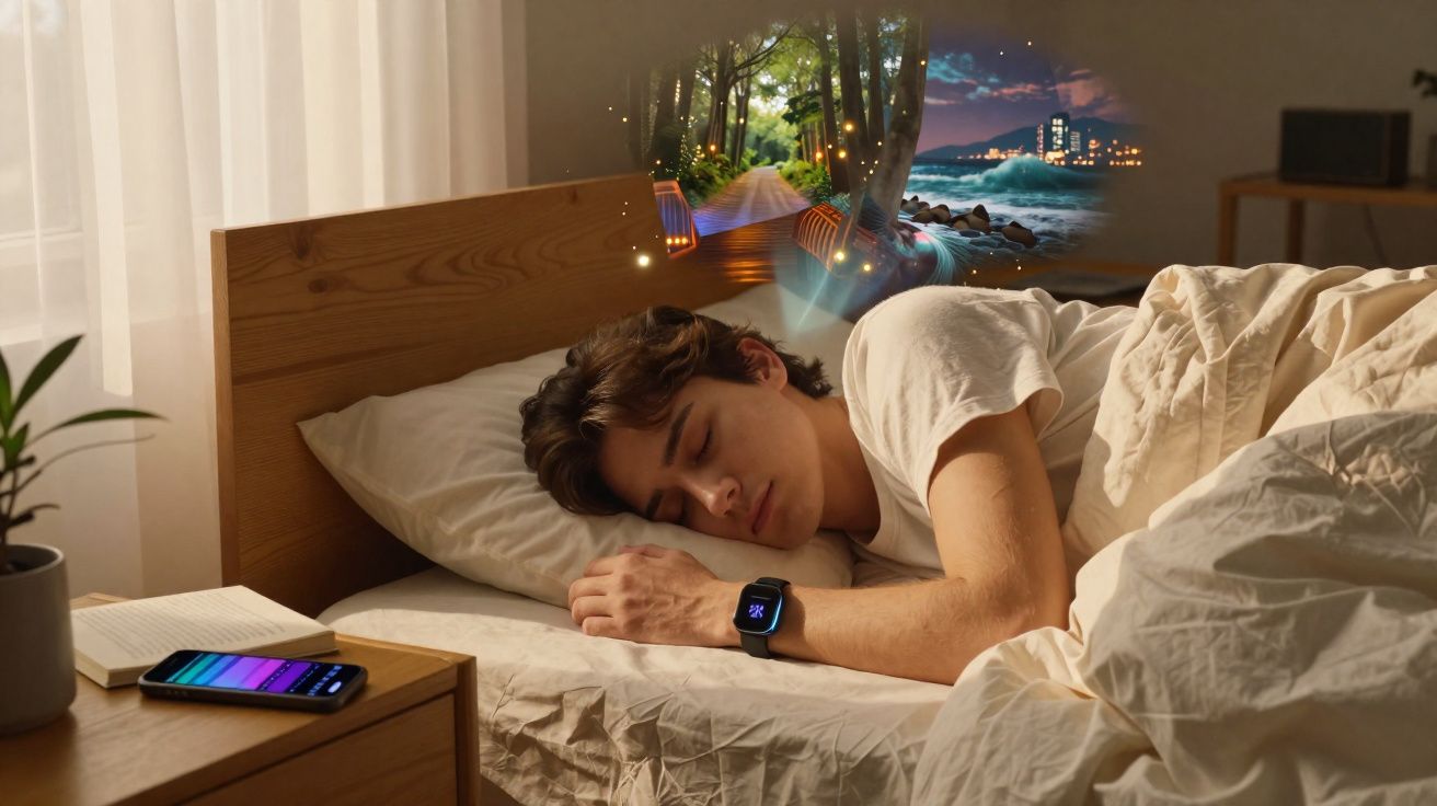 Jovem a dormir numa cama, com representações visuais de sonhos a sair da sua cabeça.