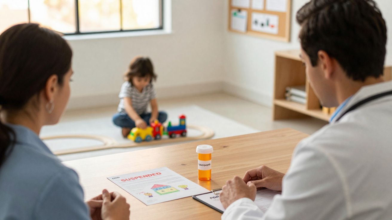 Médico e mulher em consulta, com receita suspensa em cima da mesa e criança a brincar ao fundo.