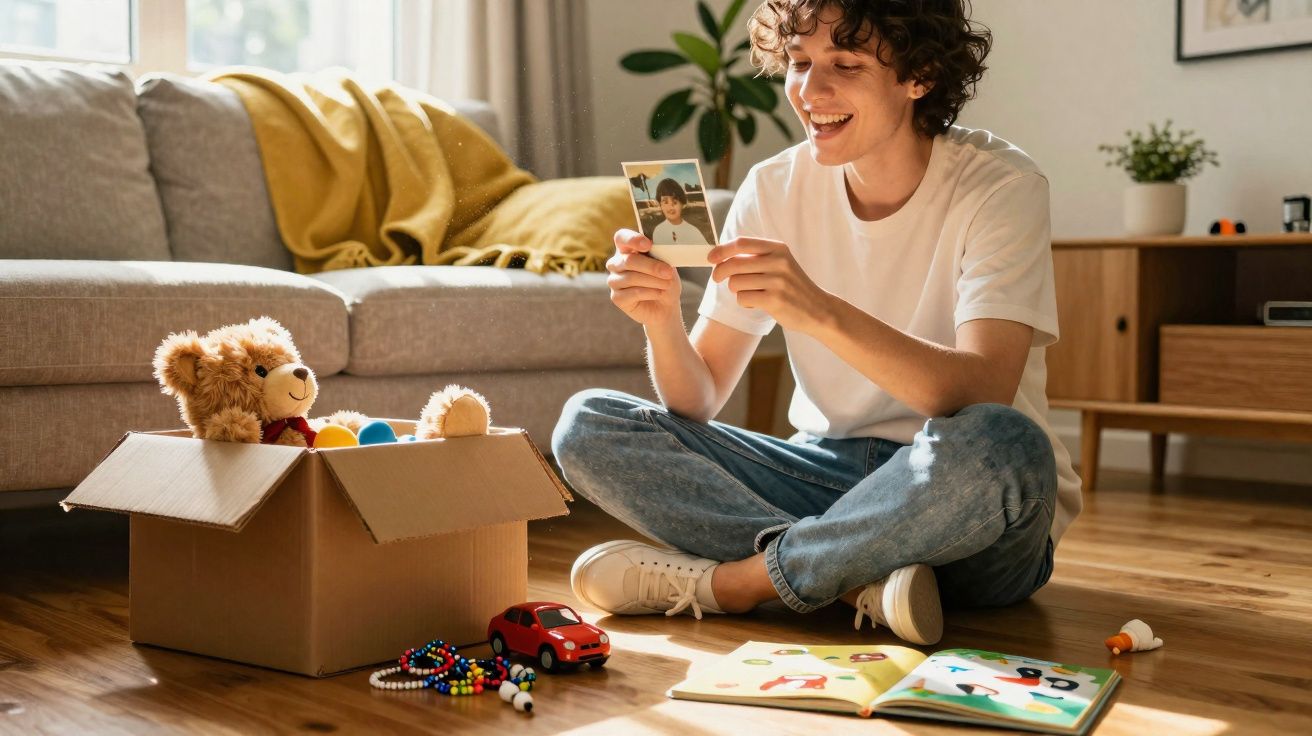 Jovem sentado no chão sorrindo enquanto olha para uma fotografia, rodeado por brinquedos e livros.