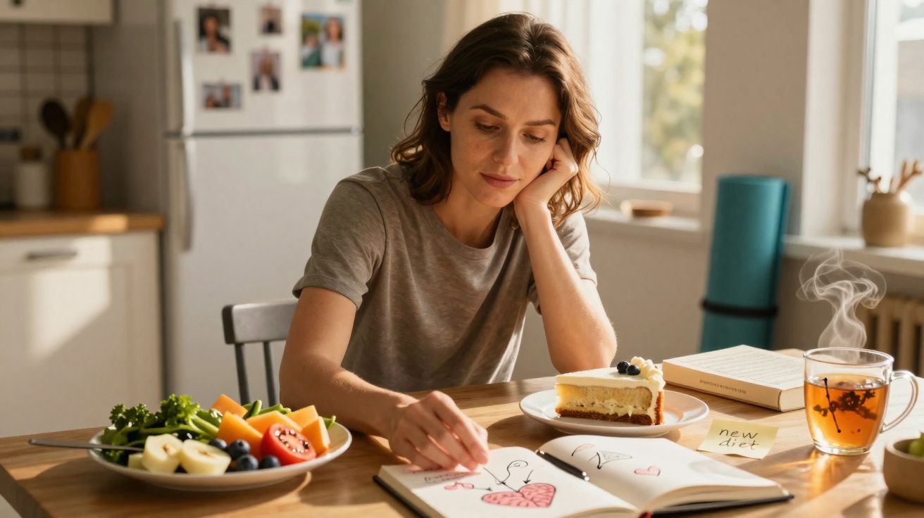 Mulher sentada à mesa a desenhar num caderno com comida saudável, fatia de bolo, chá e livros à sua frente.