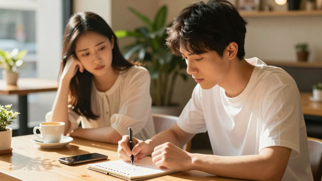 Jovem a desenhar num caderno enquanto mulher o observa pensativa numa mesa com café e telemóvel.