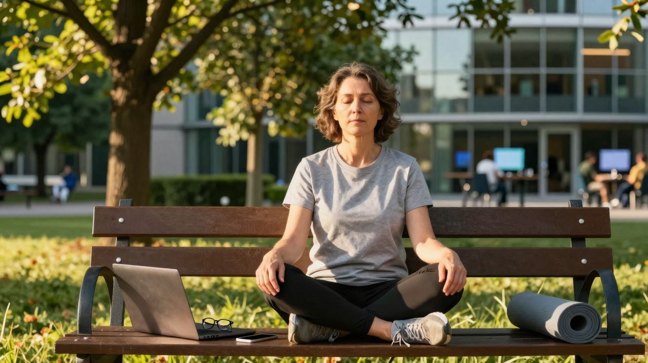 Mulher a meditar sentada de pernas cruzadas num banco de parque, ao ar livre, com laptop e tapete de yoga.