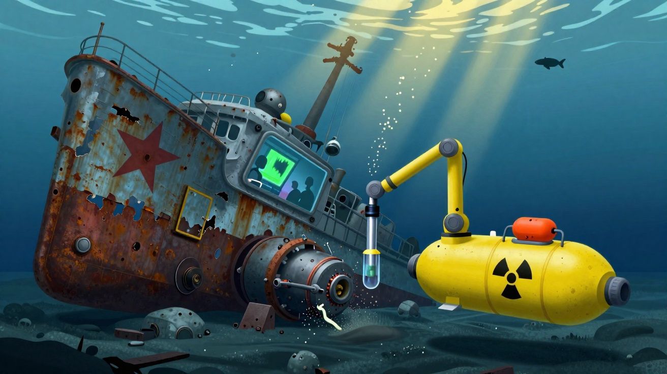 Submarino amarelo a recolher amostra junto a navio naufragado com estrela vermelha no fundo do mar.