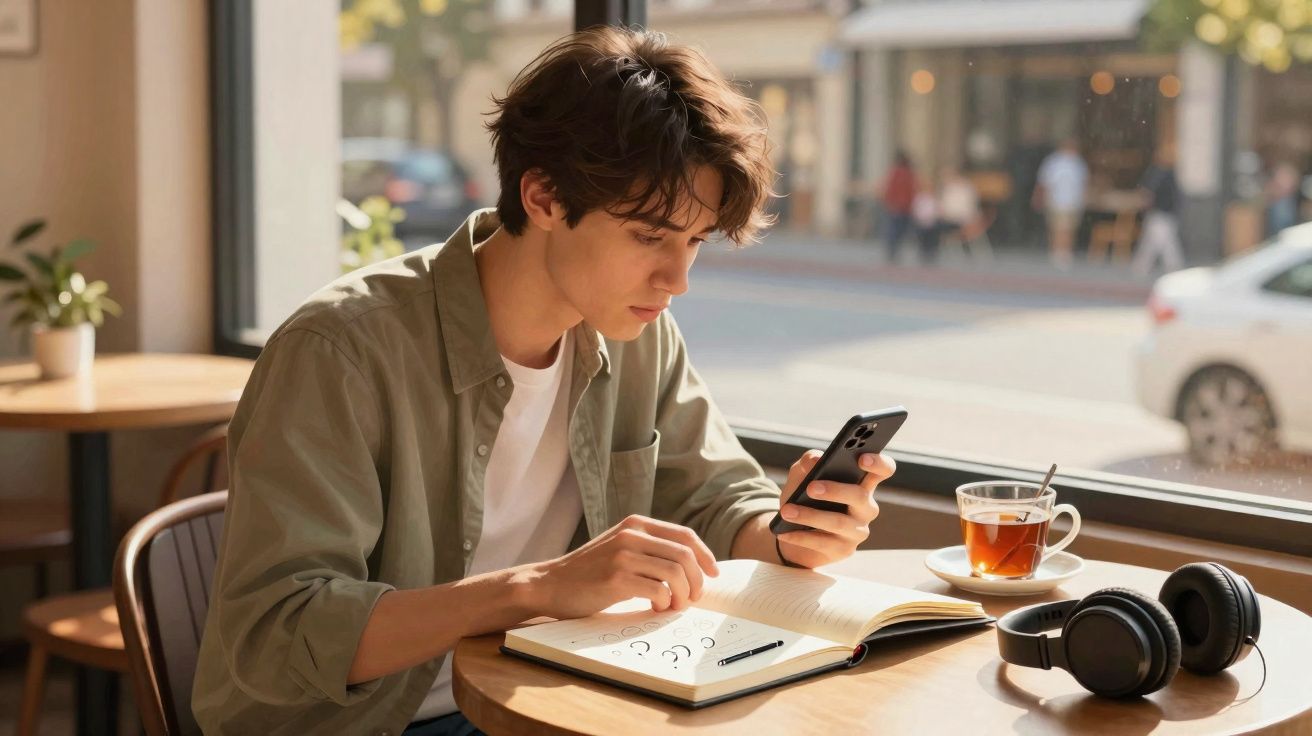 Jovem sentado numa cafetaria, a estudar num caderno e consultar o telemóvel, com chá e auscultadores na mesa.