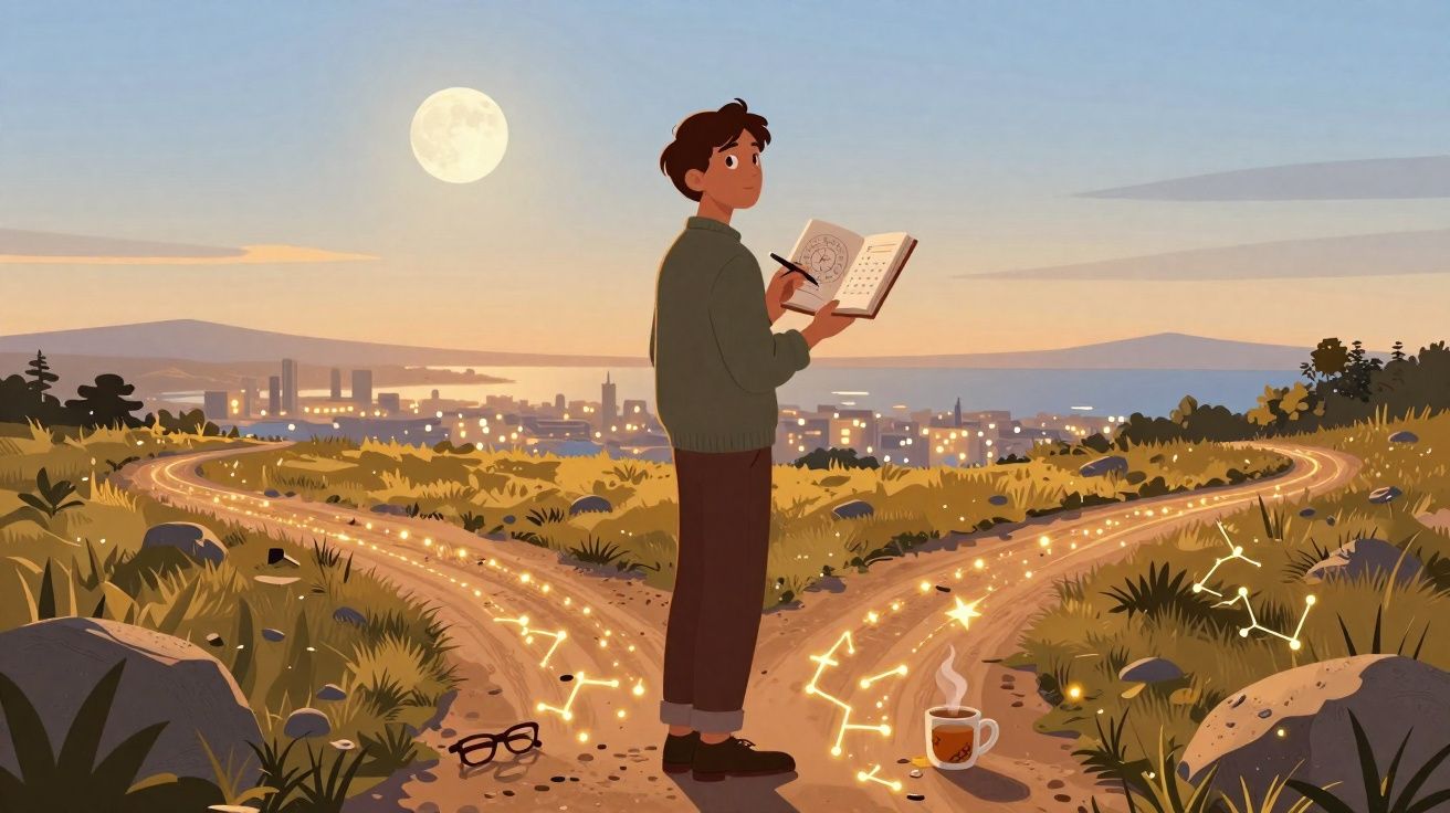 Pessoa de pé numa bifurcação iluminada por constelações, com caderno aberto sob a luz do luar e cidade ao fundo.