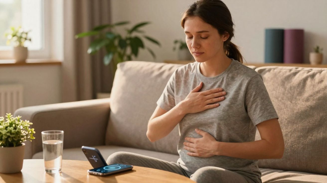 Mulher sentada no sofá a praticar exercícios de respiração com mãos no peito e abdômen, ao lado um copo de água.