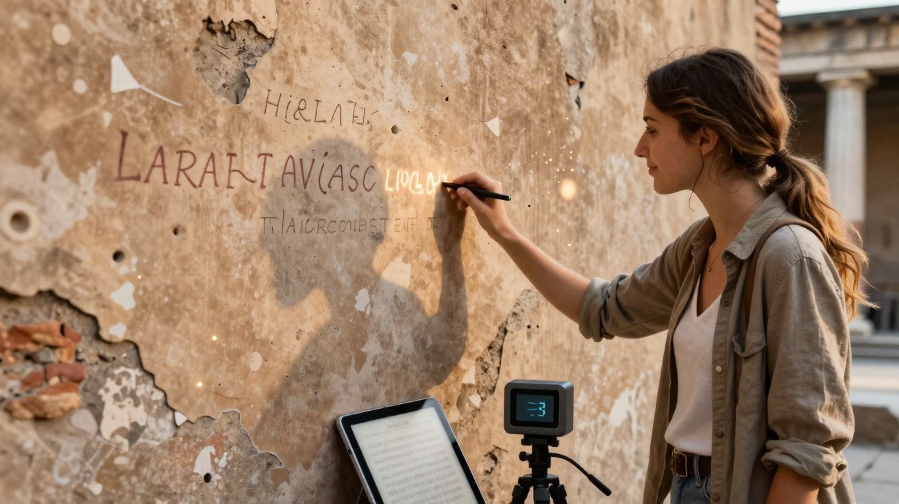 Mulher a copiar inscrições antigas numa parede com ajuda de tablet e câmara fotográfica num local histórico.