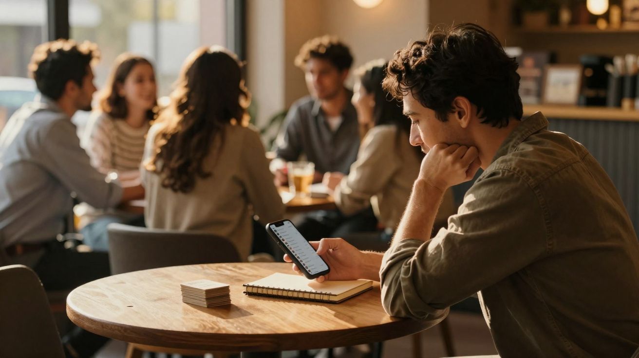 Jovem sentado sozinho numa mesa de café a olhar para o telemóvel, ao fundo grupo de amigos a conversar.