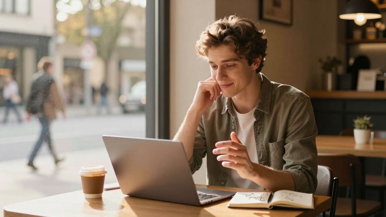 Jovem sentado numa cafeteria a trabalhar num laptop com caderno e café numa mesa junto à janela.