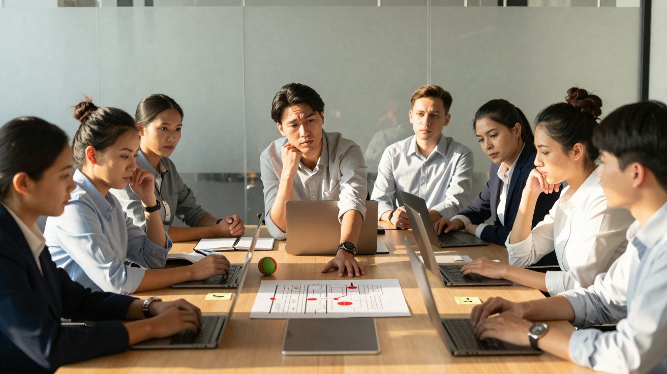 Grupo de jovens profissionais em reunião de negócios à volta de mesa com computadores portáteis.