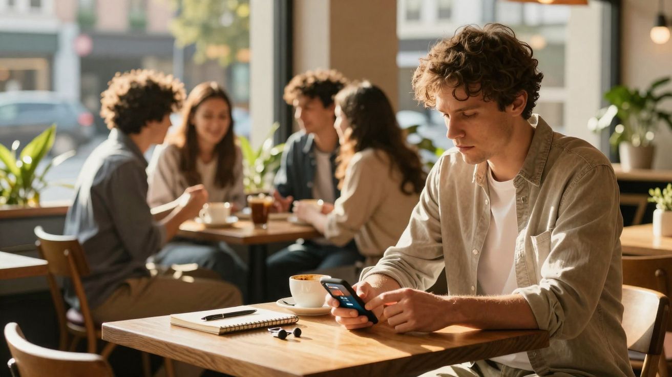 Jovem sentado sozinho num café, a olhar para o telemóvel, com grupo de pessoas ao fundo numa conversa.