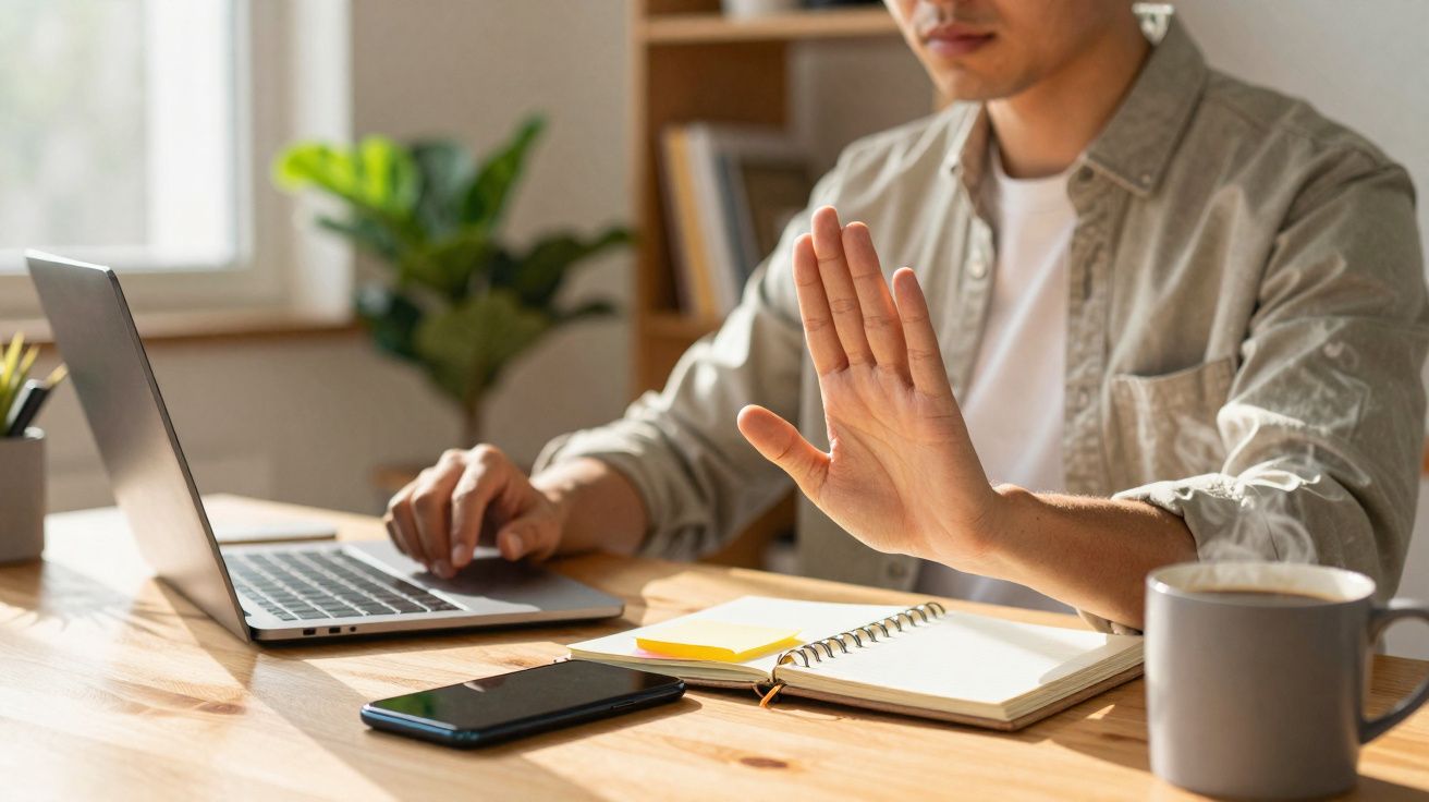 Pessoa a usar computador portátil com a mão levantada em sinal de paragem numa mesa com caderno, telemóvel e caneca.