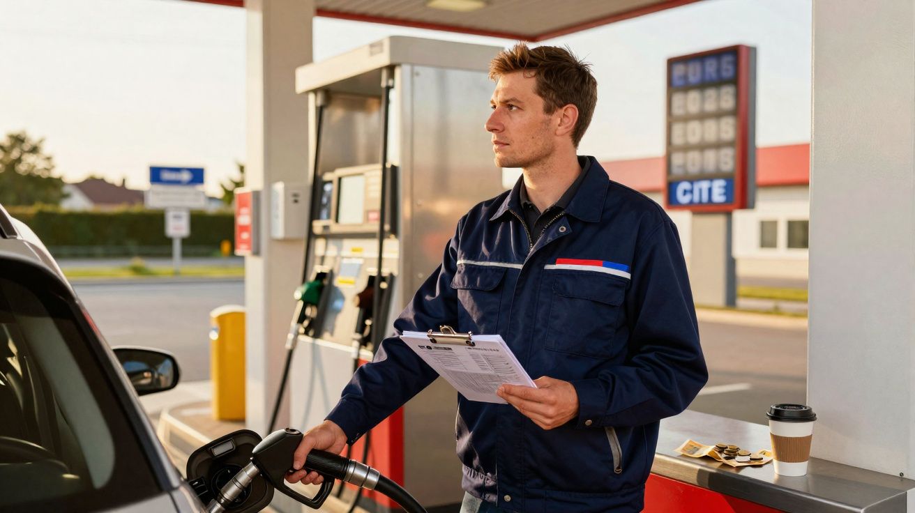 Funcionário de posto de combustível a abastecer carro, segurando um documento e olhando para a distância.