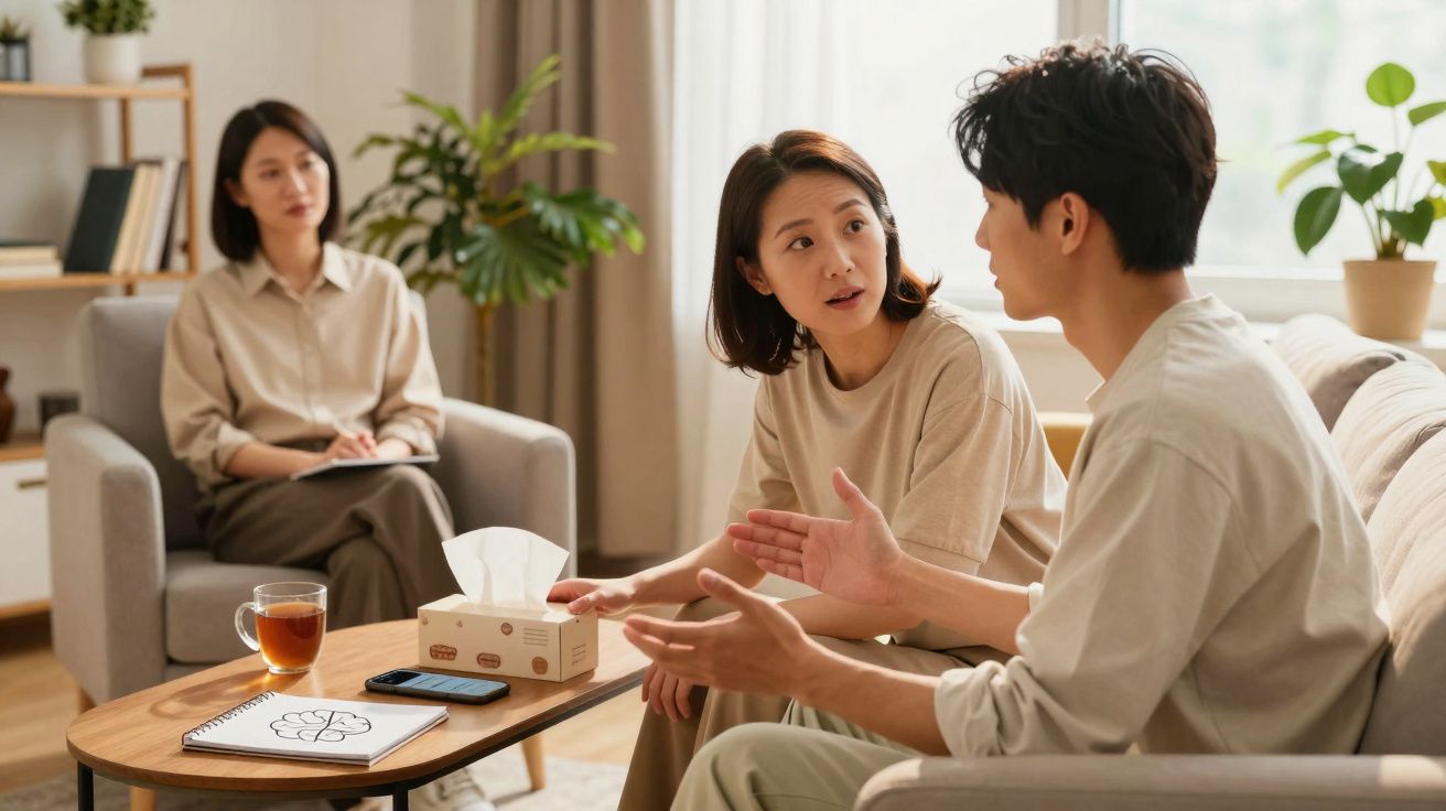 Casal em sessão de terapia, conversando com terapeuta numa sala acolhedora e iluminada.