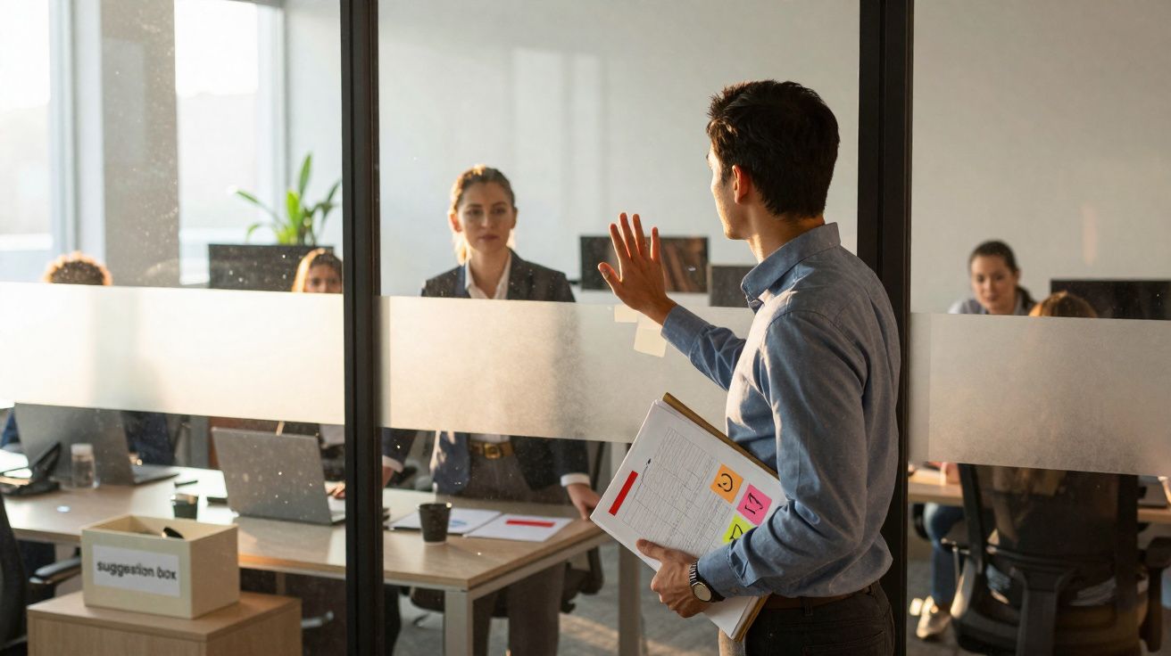 Homem de camisa azul fala com colegas através de divisória de vidro numa reunião de escritório.