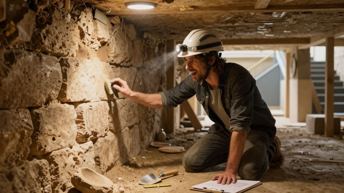 Homem com capacete e lanterna escava e examina parede de pedra antiga numa escavação arqueológica.