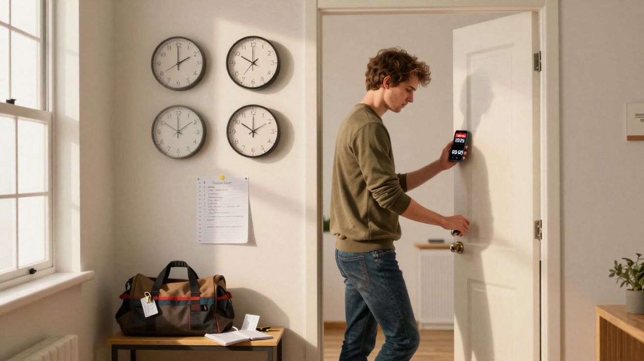 Homem a abrir porta segurando telemóvel com relógio digital, parede com quatro relógios analógicos e mochila sobre mesa.
