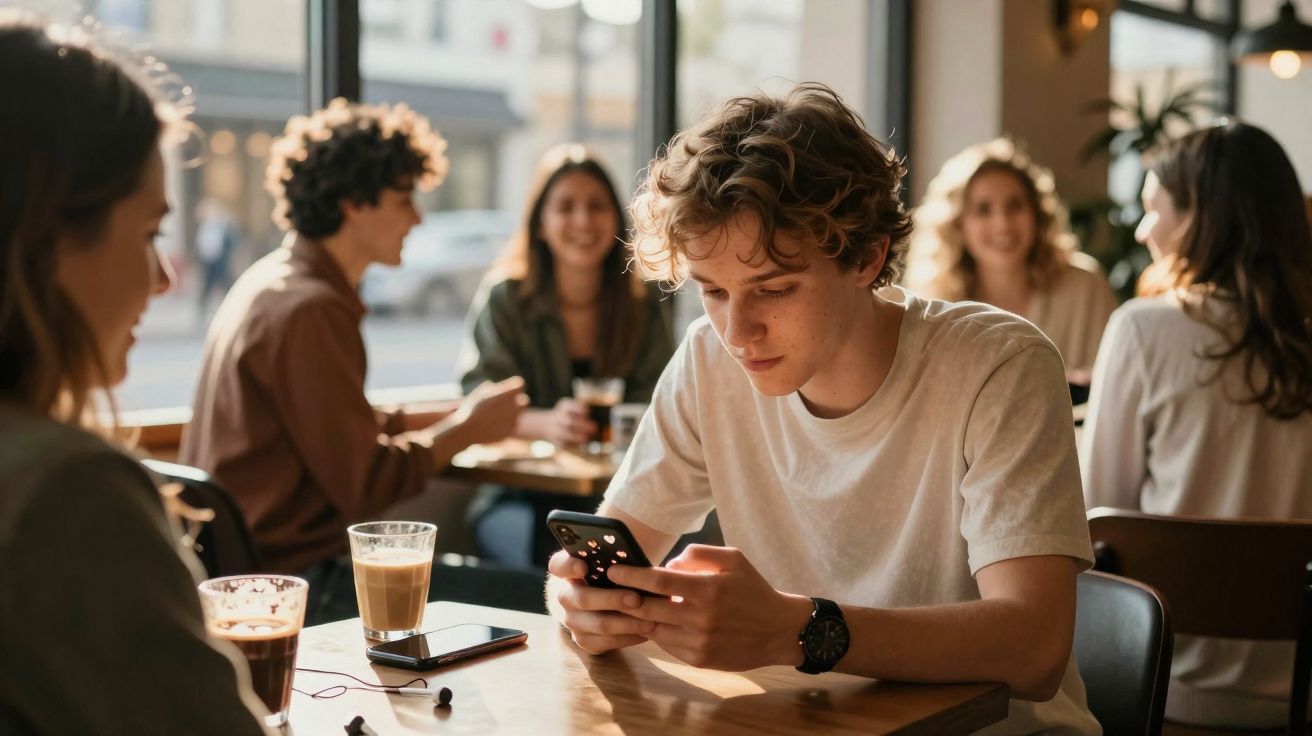 Jovem sentado numa cafeteria a olhar para o telemóvel, com pessoas e bebidas ao fundo.