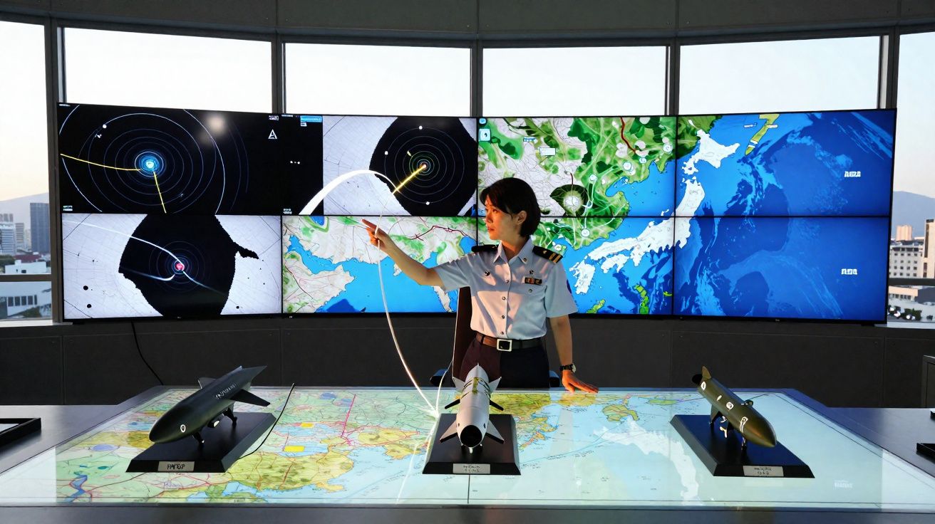 Mulher em uniforme militar aponta para monitores com mapas e mísseis em exposição numa sala de controlo.