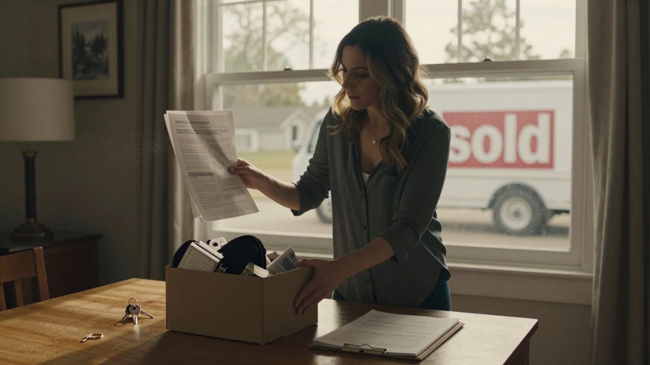 Mulher arruma caixa com objetos numa mesa, com janela mostrando carrinha com placa "sold" ao fundo.
