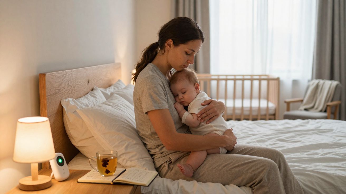 Mulher sentada na cama a aconchegar bebé adormecido num quarto acolhedor e iluminado.
