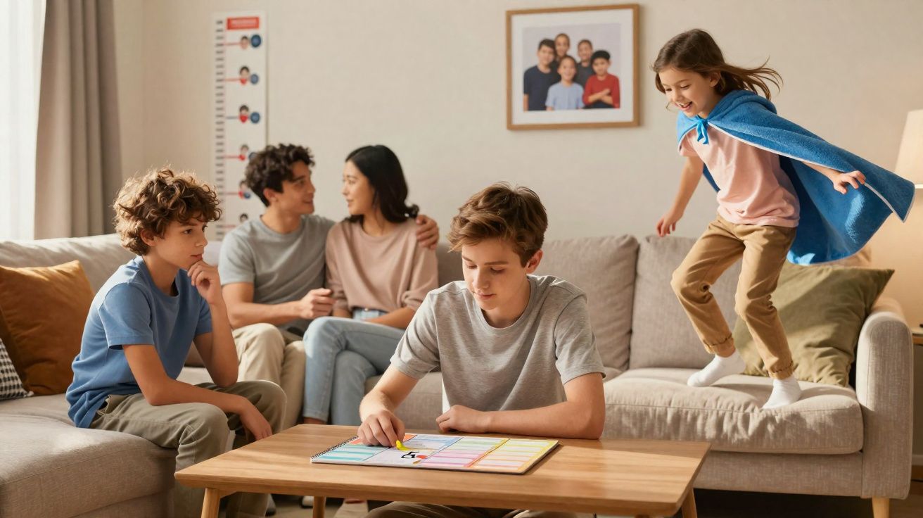 Crianças e um casal sentados na sala; menino joga jogo de tabuleiro, menina com capa azul salta no sofá.