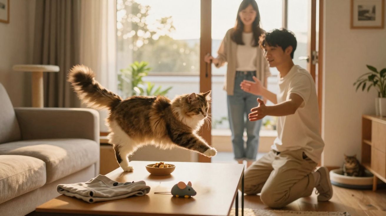 Gato a saltar para uma mesa enquanto um homem e uma mulher sorriem em sala de estar iluminada.