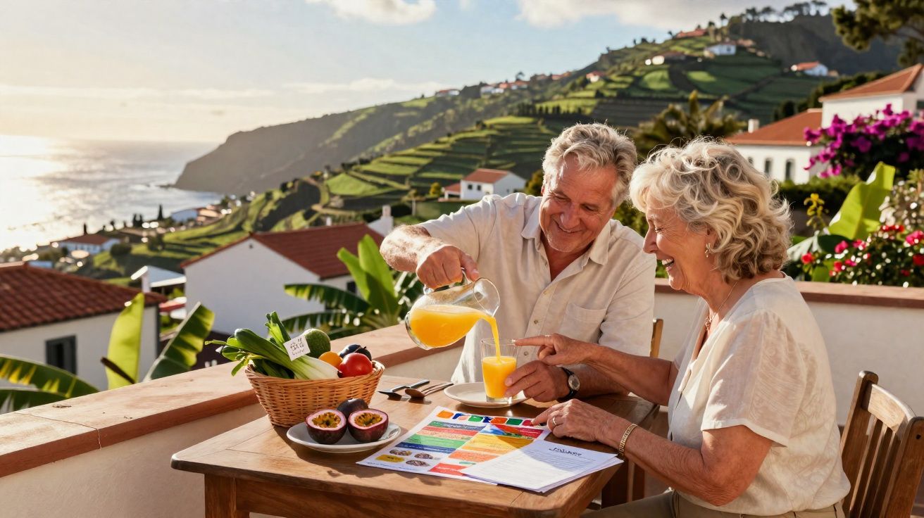 Casal sénior a desfrutar de sumo de laranja numa varanda com vista para colinas e mar ao pôr do sol.