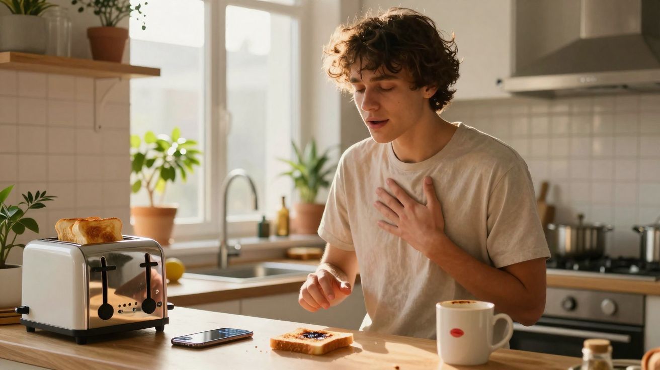 Jovem na cozinha a comer torradas com marmelada, com chá e torradeira na mesa iluminada pela luz natural.