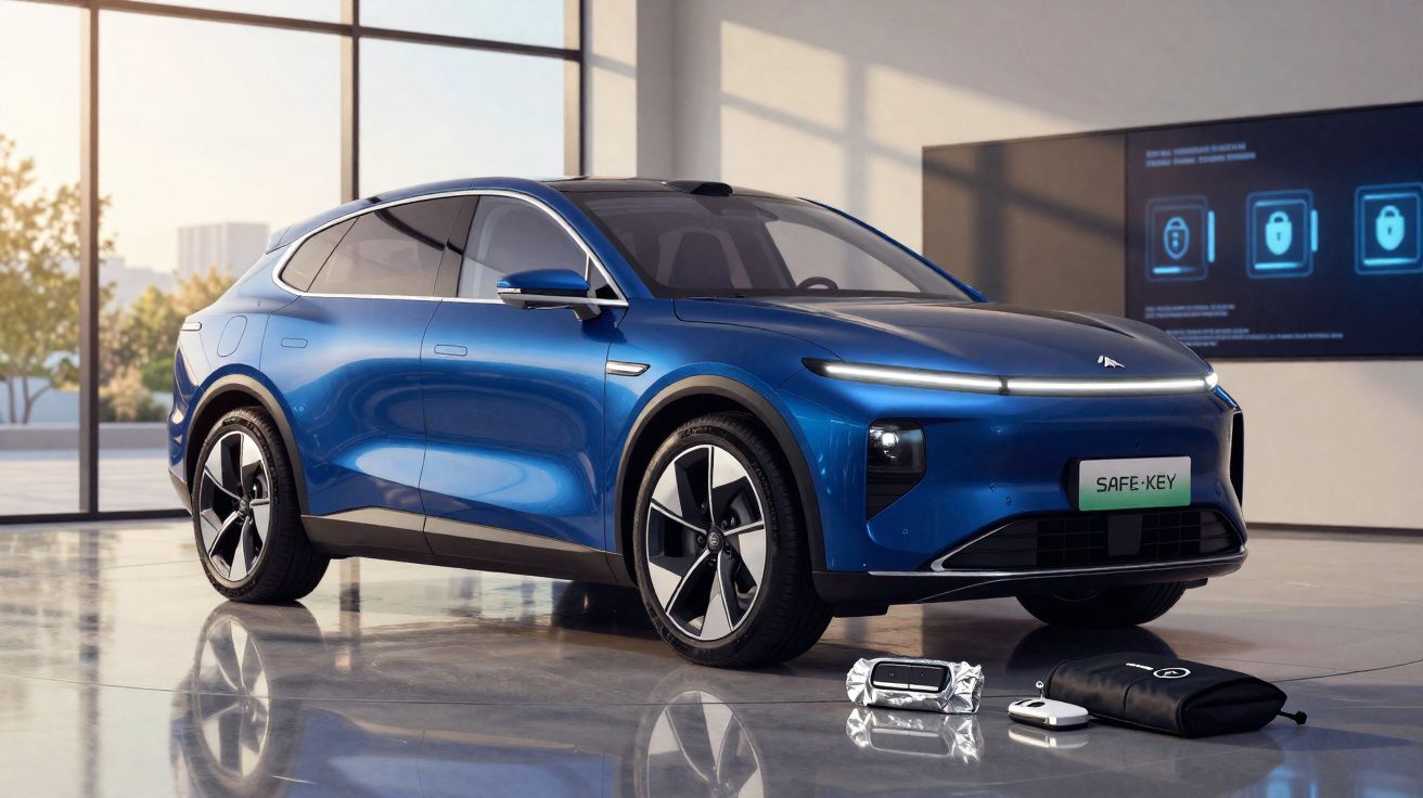 Carro eléctrico azul estacionado em espaço interior moderno, com dispositivos eletrónicos à frente.