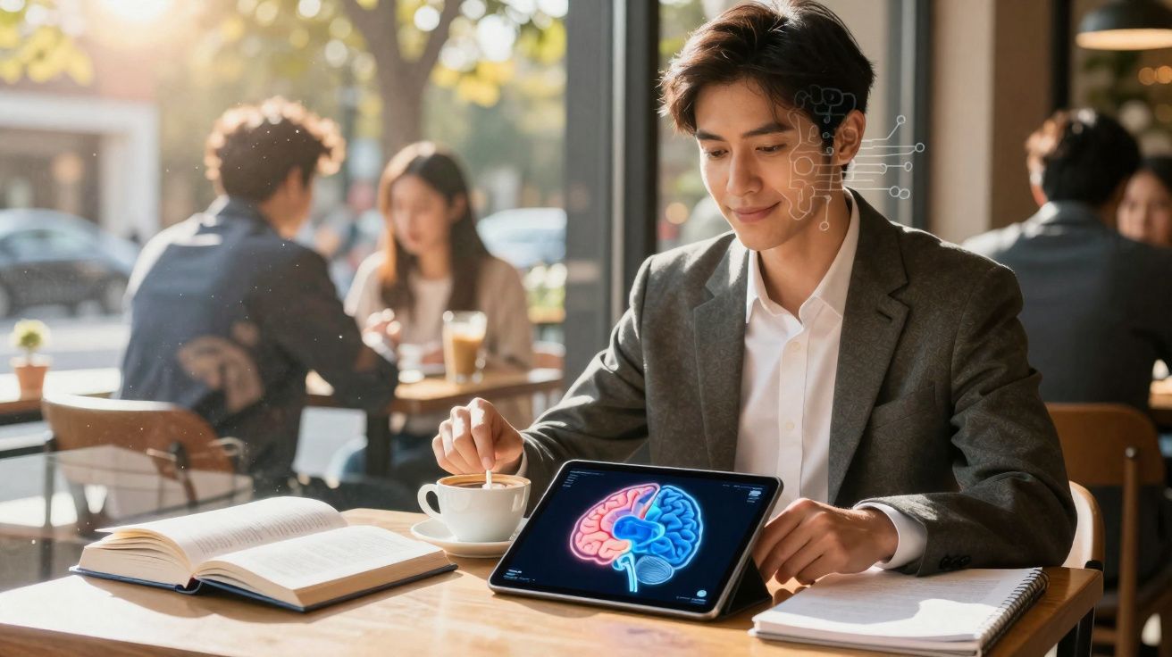 Homem numa mesa de café a estudar imagem digital do cérebro num tablet, com livros e caderno.