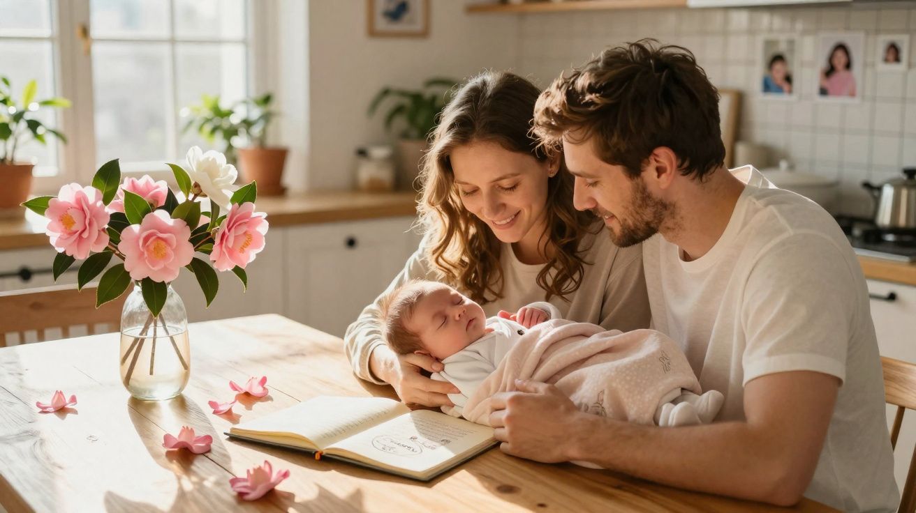 Casal sorridente a segurar e olhar carinhosamente para bebé adormecido numa cozinha iluminada.