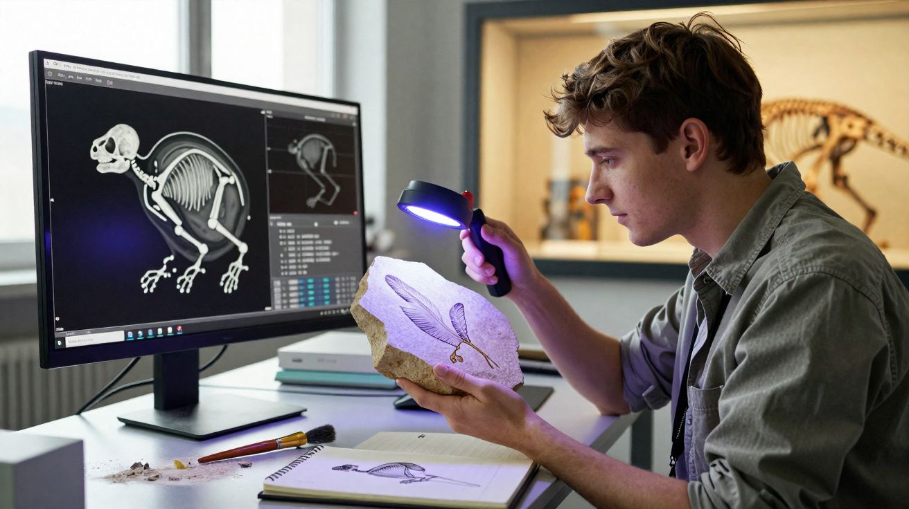 Jovem analisa fóssil iluminado com uma lanterna UV, enquanto visualiza esqueleto digital de dinossauro no ecrã do computador.