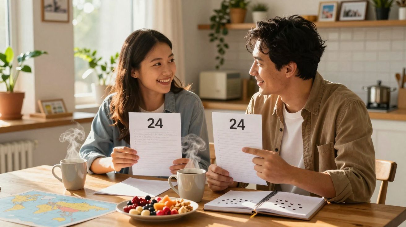 Casal sorridente a mostrar folhas com o número 24 numa cozinha iluminada e acolhedora.