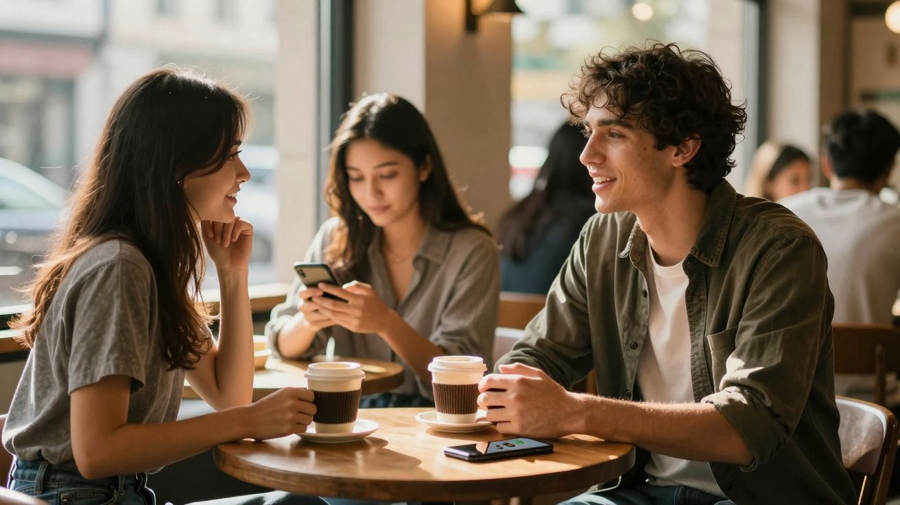 Três jovens sentados numa mesa de café, dois conversam e uma usa o telemóvel, com copos de café à frente.