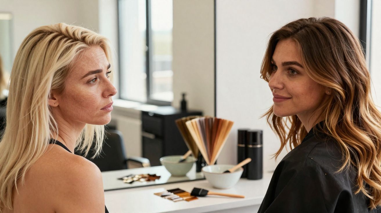 Dois mulheres em salão de beleza com amostras de cores de cabelo numa mesa branca entre elas.