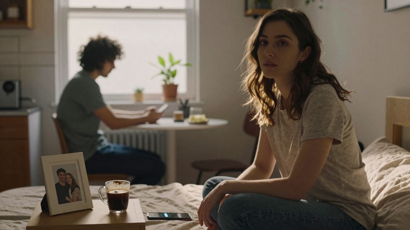 Mulher sentada na cama com expressão pensativa e homem ao fundo sentado à mesa, ambos em ambiente doméstico.