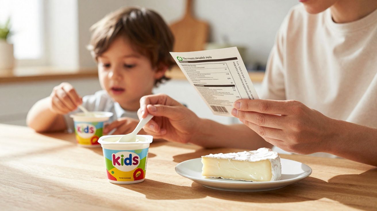 Criança a comer iogurte kids enquanto adulto lê informação nutricional junto a um prato com queijo.