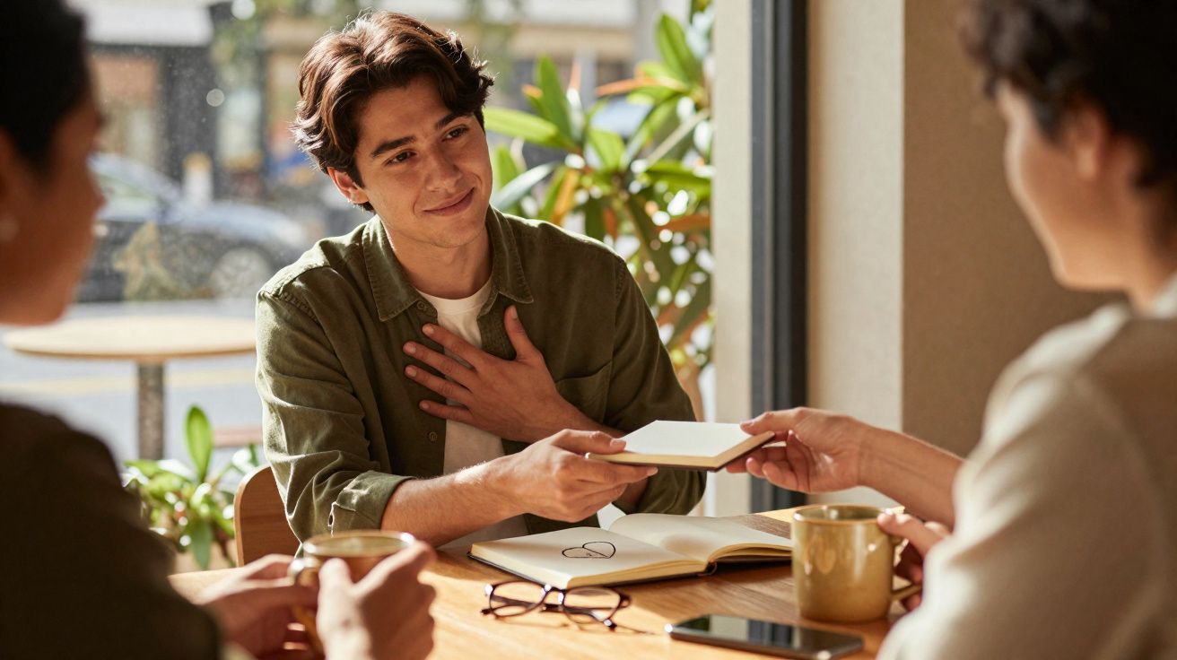 Jovem sentado numa mesa a receber um caderno de notas, rodeado por pessoas e objetos como café e telemóvel.