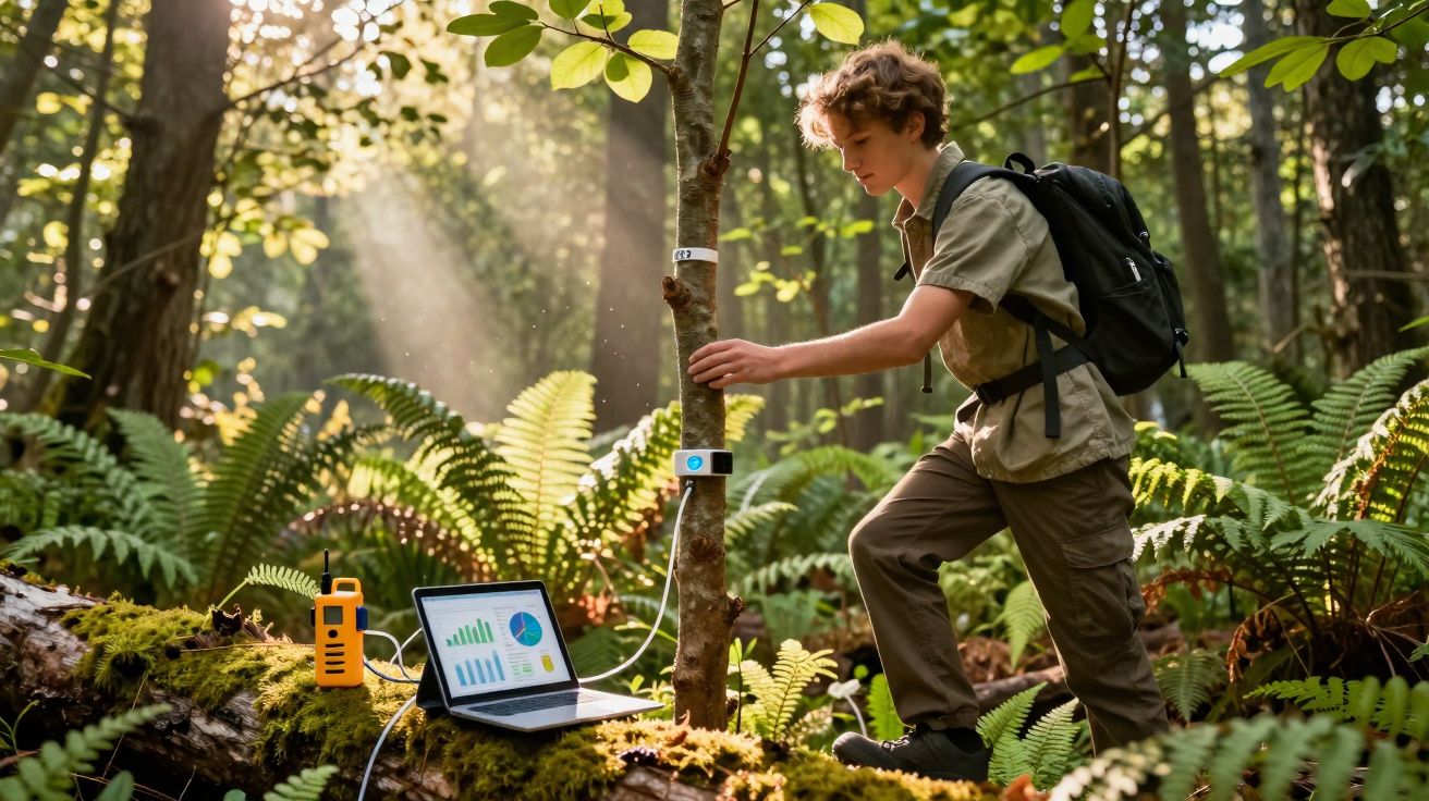 Jovem com mochila mede dados ambientais de árvore numa floresta iluminada pelo sol com laptop e rádio à frente.