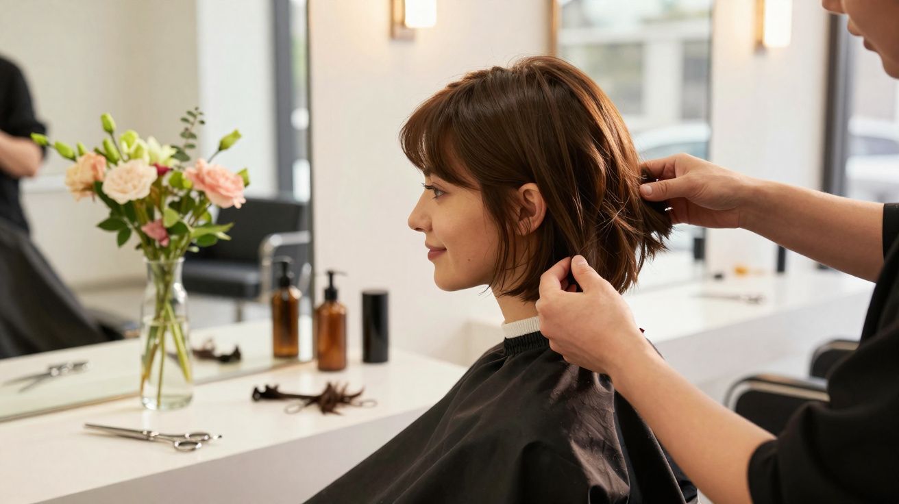 Mulher sorridente a cortar o cabelo curto num cabeleireiro moderno com flores na mesa.