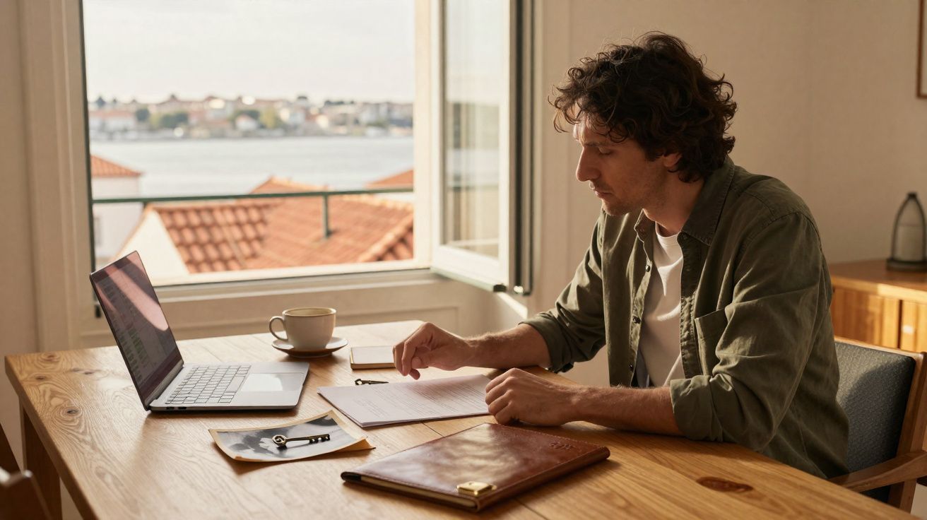 Homem sentado à mesa a trabalhar com documentos e portátil, perto de janela com vista para telhados e rio.