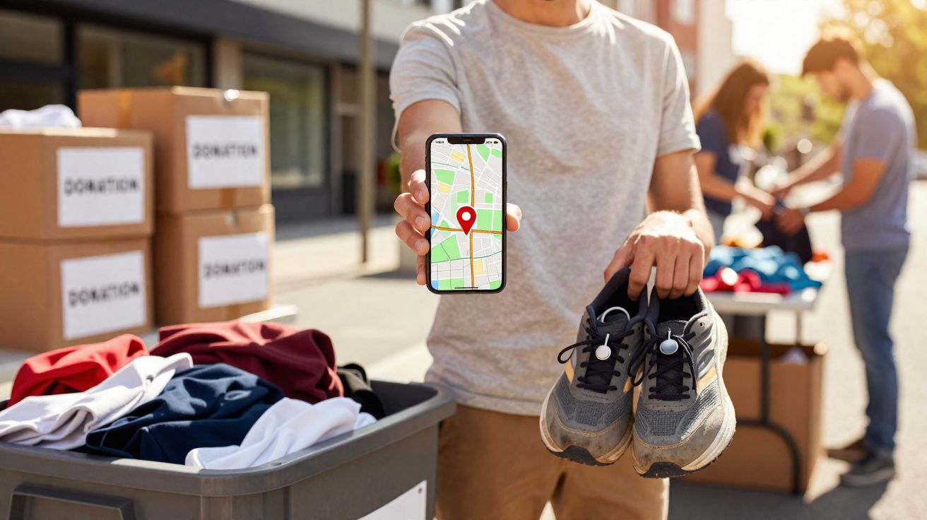 Pessoa a segurar ténis e mostrar localização de entrega no telemóvel junto a roupas e caixas para doação.