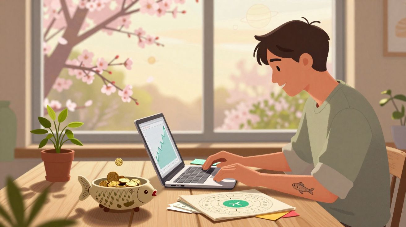 Jovem a trabalhar num computador portátil numa mesa de madeira, com vista para árvores floridas pela janela.