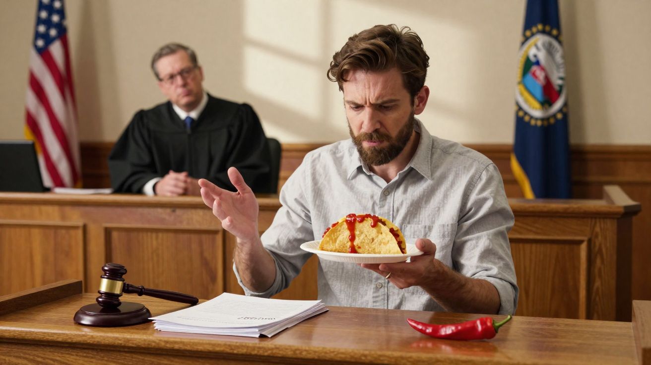 Homem com taco de taco de chili e molho a olhar confuso durante julgamento, juiz ao fundo.