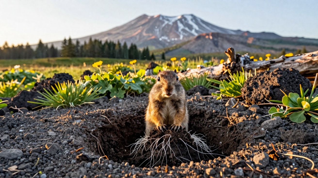 Esquilo a sair da toca numa paisagem com flores amarelas, vegetação, árvores e montanha ao fundo.