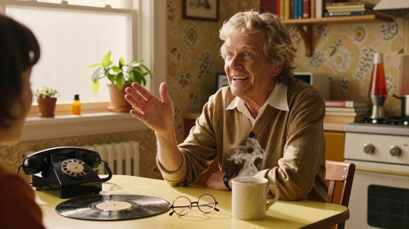 Homem idoso sorridente a conversar numa cozinha vintage, com chá quente sobre a mesa amarela.